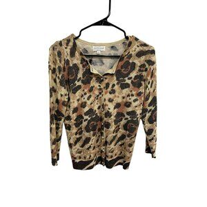 Joseph A. Metallic Animal Print Button Up Cardigan Sweater Tan Sz Medium Petite